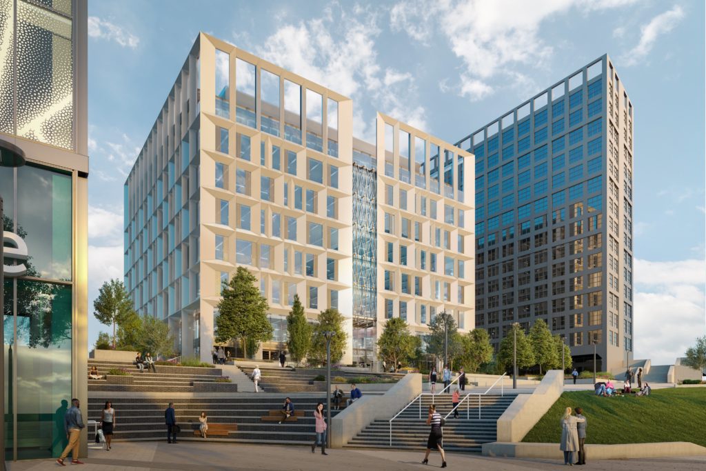 CGI artist's impression of HEMISPHERE - An eight-storey standout office development to be located on Paddington Village, in the Knowledge Quarter Liverpool (KQ Liverpool) Innovation District.