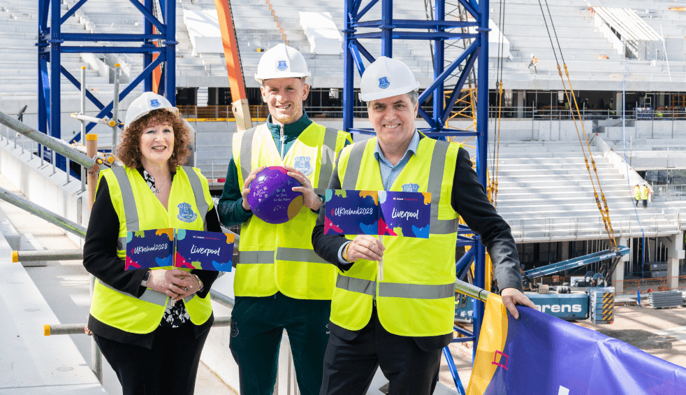 Photo from left, Theresa Grant, interim chief executive of Liverpool City Council, Jordan Pickford, Everton and England goalkeeper, and Steve Rotheram, Mayor of the Liverpool City Region.